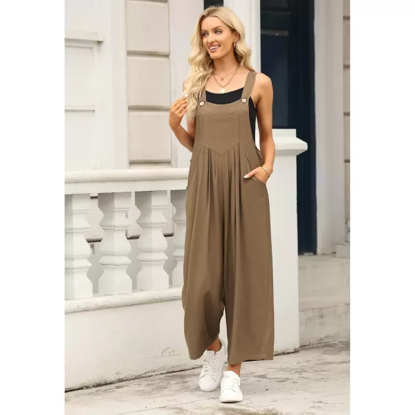 imageluvamia Jumpsuits for Women Casual Loose Wide Leg Boho Overall Jumpsuit Baggy Summer Outfits with Pockets Bib OverallsRubber Brown