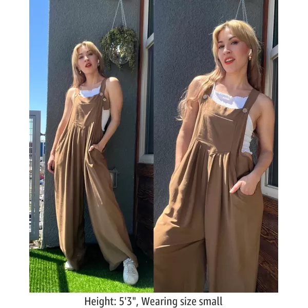 imageluvamia Jumpsuits for Women Casual Loose Wide Leg Boho Overall Jumpsuit Baggy Summer Outfits with Pockets Bib OverallsRubber Brown