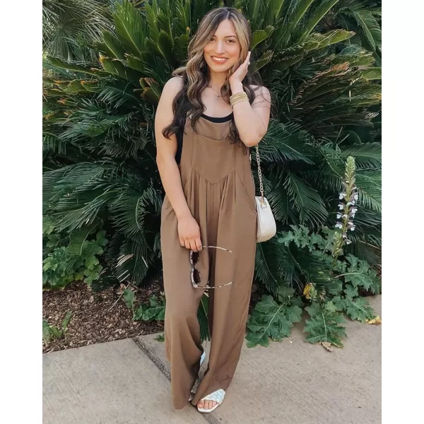 imageluvamia Jumpsuits for Women Casual Loose Wide Leg Boho Overall Jumpsuit Baggy Summer Outfits with Pockets Bib OverallsRubber Brown