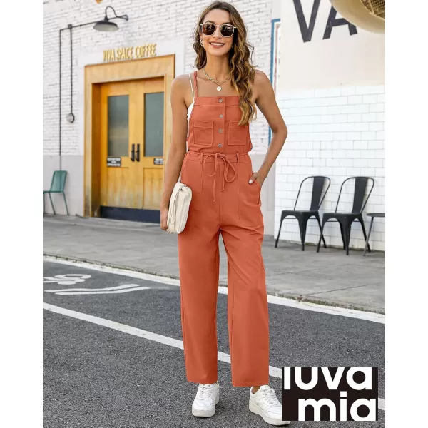 imageluvamia Jumpsuits for Women Dressy Casual Overalls Loose Fit Straight Leg Button Down Self Tied With PocketsFlamingo Orange