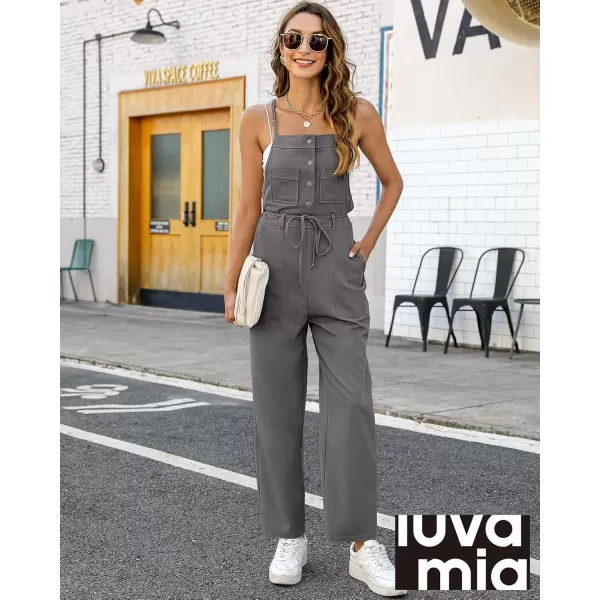 imageluvamia Jumpsuits for Women Dressy Casual Overalls Loose Fit Straight Leg Button Down Self Tied With PocketsGray