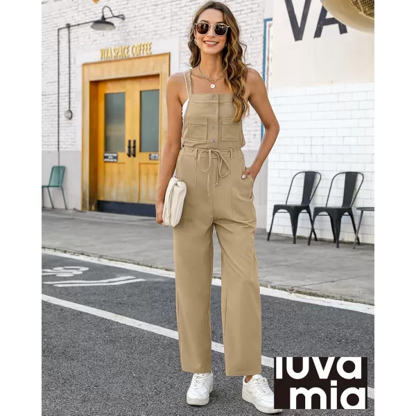 imageluvamia Jumpsuits for Women Dressy Casual Overalls Loose Fit Straight Leg Button Down Self Tied With PocketsKhaki