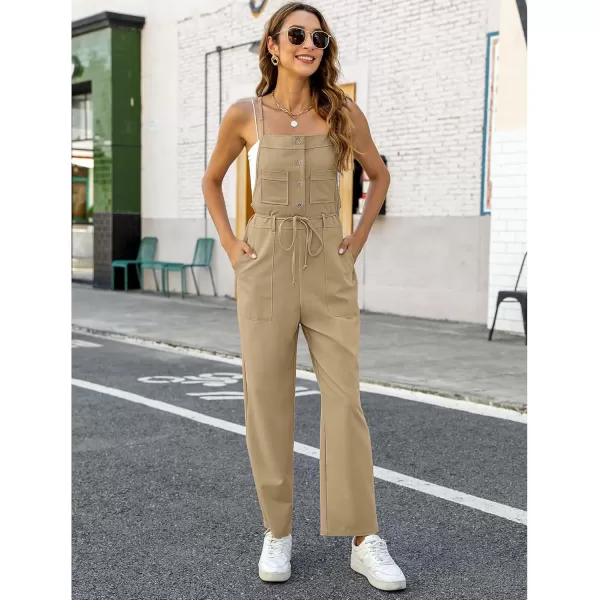 imageluvamia Jumpsuits for Women Dressy Casual Overalls Loose Fit Straight Leg Button Down Self Tied With PocketsKhaki