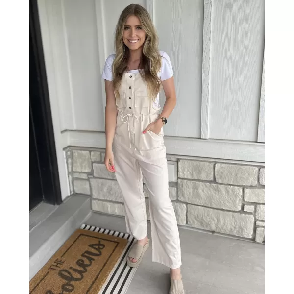 imageluvamia Jumpsuits for Women Dressy Casual Overalls Loose Fit Straight Leg Button Down Self Tied With PocketsPearled Ivory