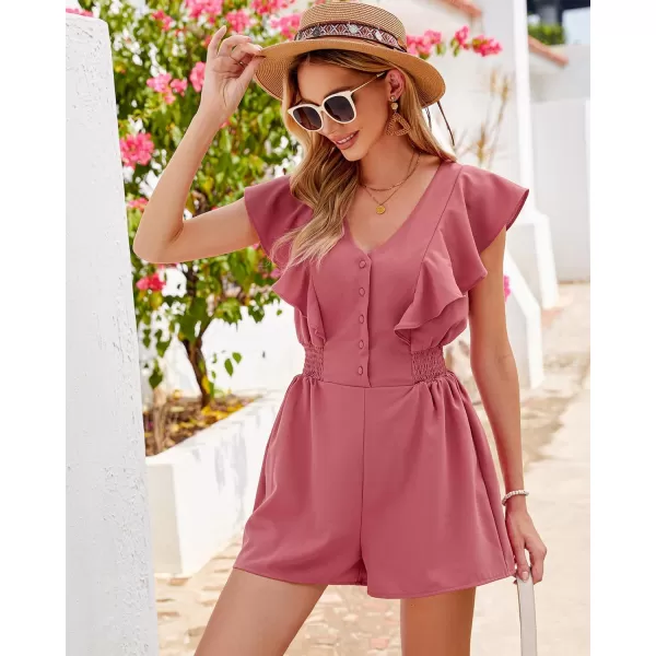 imageluvamia Rompers for Women Dressy Casual Ruffle Button Down Smocked Waist Flowy Short Jumpsuits Summer Vacation RomperDusty Rose