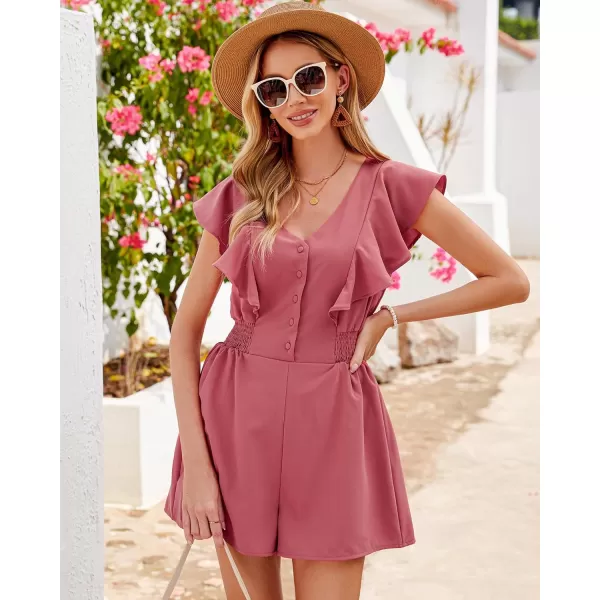 imageluvamia Rompers for Women Dressy Casual Ruffle Button Down Smocked Waist Flowy Short Jumpsuits Summer Vacation RomperDusty Rose