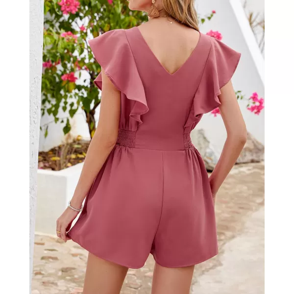 imageluvamia Rompers for Women Dressy Casual Ruffle Button Down Smocked Waist Flowy Short Jumpsuits Summer Vacation RomperDusty Rose