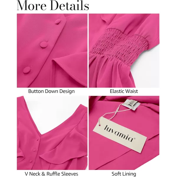 imageluvamia Rompers for Women Dressy Casual Ruffle Button Down Smocked Waist Flowy Short Jumpsuits Summer Vacation RomperHot Pink