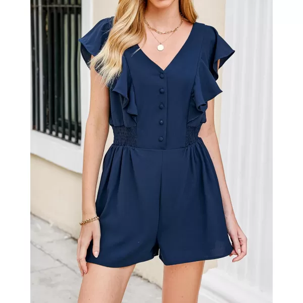 imageluvamia Rompers for Women Dressy Casual Ruffle Button Down Smocked Waist Flowy Short Jumpsuits Summer Vacation RomperNavy Blue