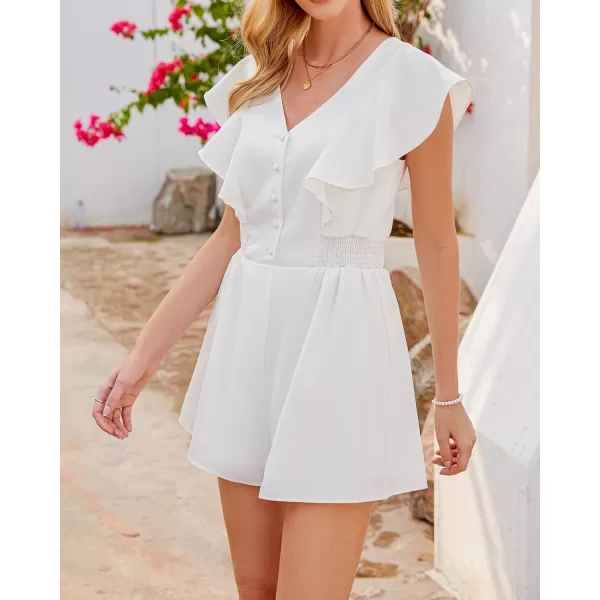 imageluvamia Rompers for Women Dressy Casual Ruffle Button Down Smocked Waist Flowy Short Jumpsuits Summer Vacation RomperWhite