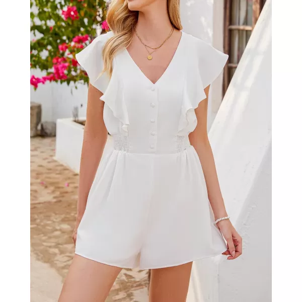 imageluvamia Rompers for Women Dressy Casual Ruffle Button Down Smocked Waist Flowy Short Jumpsuits Summer Vacation RomperWhite