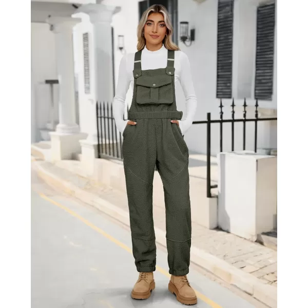 imageluvamia Sherpa Overalls for Women Loose Fit Winter Fuzzy Fleece Warm Bib Pocket Adjustable Jogger Baggy Overall JumpsuitArmy Green