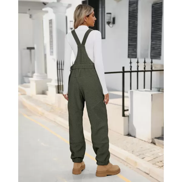 imageluvamia Sherpa Overalls for Women Loose Fit Winter Fuzzy Fleece Warm Bib Pocket Adjustable Jogger Baggy Overall JumpsuitArmy Green