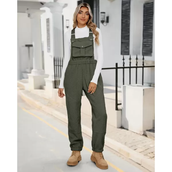 imageluvamia Sherpa Overalls for Women Loose Fit Winter Fuzzy Fleece Warm Bib Pocket Adjustable Jogger Baggy Overall JumpsuitArmy Green