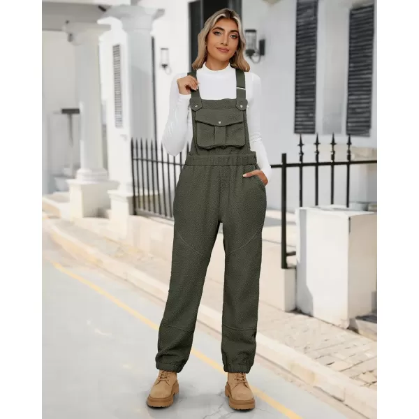 imageluvamia Sherpa Overalls for Women Loose Fit Winter Fuzzy Fleece Warm Bib Pocket Adjustable Jogger Baggy Overall JumpsuitArmy Green