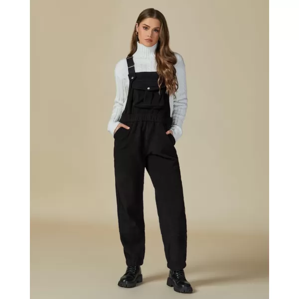 imageluvamia Sherpa Overalls for Women Loose Fit Winter Fuzzy Fleece Warm Bib Pocket Adjustable Jogger Baggy Overall JumpsuitBlack