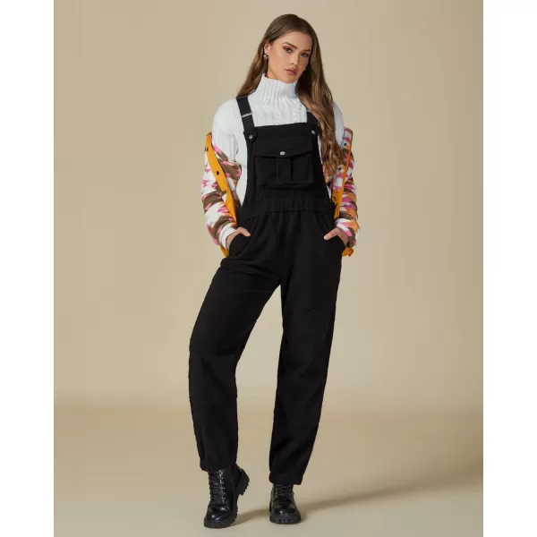 imageluvamia Sherpa Overalls for Women Loose Fit Winter Fuzzy Fleece Warm Bib Pocket Adjustable Jogger Baggy Overall JumpsuitBlack