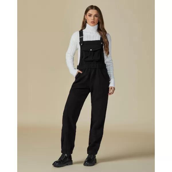 imageluvamia Sherpa Overalls for Women Loose Fit Winter Fuzzy Fleece Warm Bib Pocket Adjustable Jogger Baggy Overall JumpsuitBlack