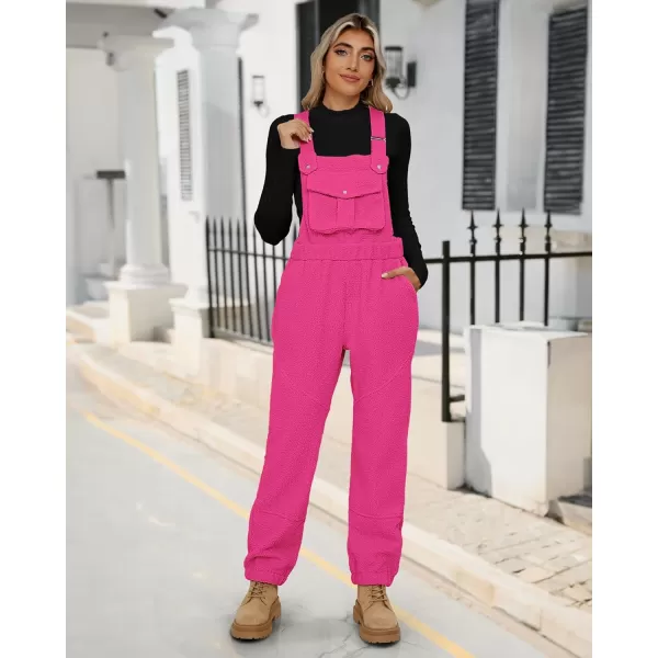 imageluvamia Sherpa Overalls for Women Loose Fit Winter Fuzzy Fleece Warm Bib Pocket Adjustable Jogger Baggy Overall JumpsuitHot Pink