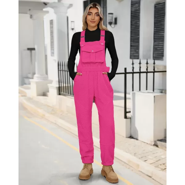 imageluvamia Sherpa Overalls for Women Loose Fit Winter Fuzzy Fleece Warm Bib Pocket Adjustable Jogger Baggy Overall JumpsuitHot Pink