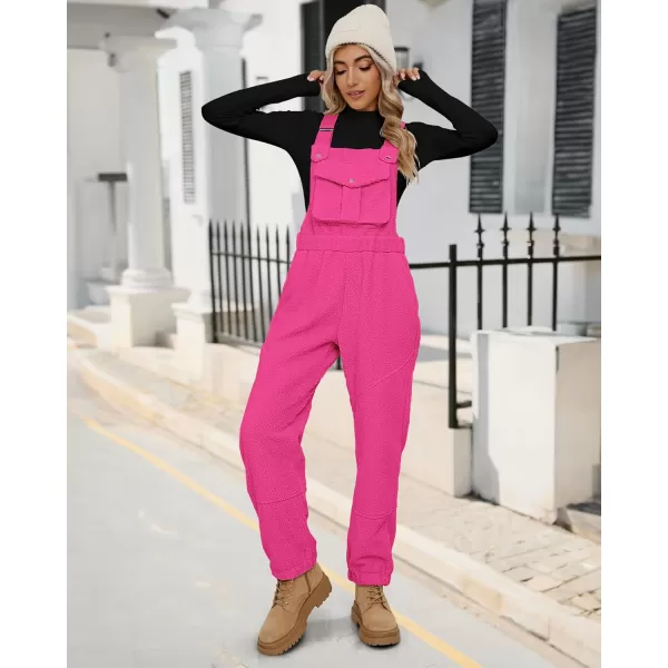 imageluvamia Sherpa Overalls for Women Loose Fit Winter Fuzzy Fleece Warm Bib Pocket Adjustable Jogger Baggy Overall JumpsuitHot Pink