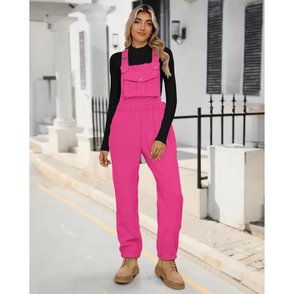 imageluvamia Sherpa Overalls for Women Loose Fit Winter Fuzzy Fleece Warm Bib Pocket Adjustable Jogger Baggy Overall JumpsuitHot Pink