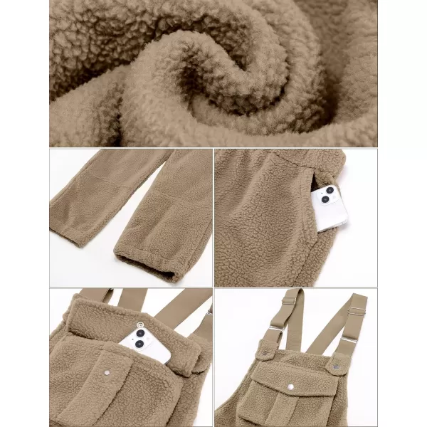 imageluvamia Sherpa Overalls for Women Loose Fit Winter Fuzzy Fleece Warm Bib Pocket Adjustable Jogger Baggy Overall JumpsuitKhaki