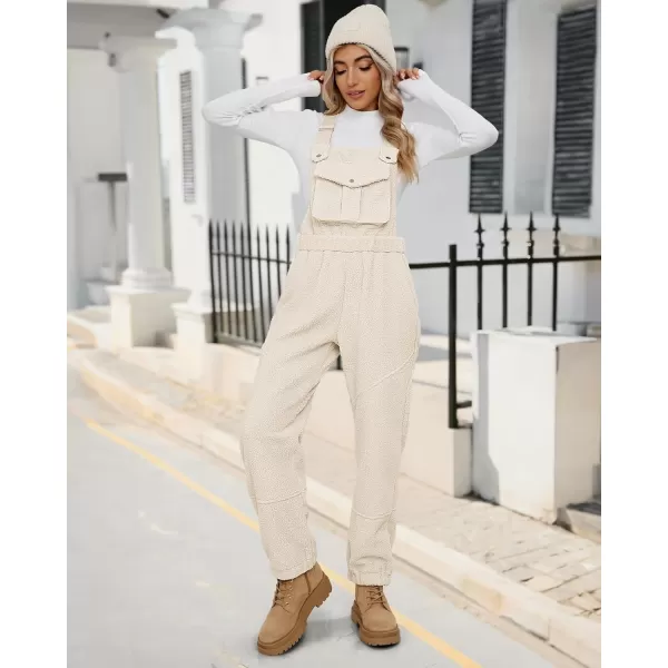 imageluvamia Sherpa Overalls for Women Loose Fit Winter Fuzzy Fleece Warm Bib Pocket Adjustable Jogger Baggy Overall JumpsuitLight Beige