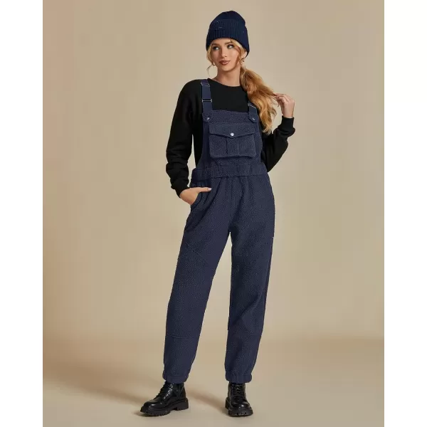 imageluvamia Sherpa Overalls for Women Loose Fit Winter Fuzzy Fleece Warm Bib Pocket Adjustable Jogger Baggy Overall JumpsuitNavy Blue