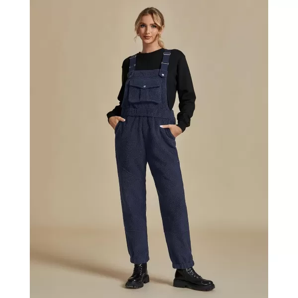 imageluvamia Sherpa Overalls for Women Loose Fit Winter Fuzzy Fleece Warm Bib Pocket Adjustable Jogger Baggy Overall JumpsuitNavy Blue