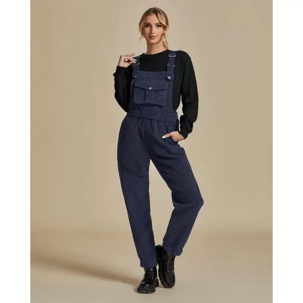 imageluvamia Sherpa Overalls for Women Loose Fit Winter Fuzzy Fleece Warm Bib Pocket Adjustable Jogger Baggy Overall JumpsuitNavy Blue