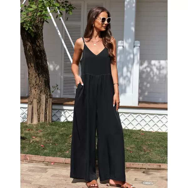 imageluvamia Wide Leg Jumpsuits for Women Sleeveless Baggy Casual Summer Flowy Loose Spaghetti Strap Jumpsuit with PocketsBlack