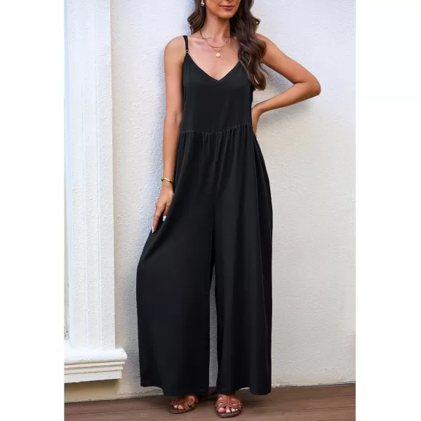 imageluvamia Wide Leg Jumpsuits for Women Sleeveless Baggy Casual Summer Flowy Loose Spaghetti Strap Jumpsuit with PocketsBlack