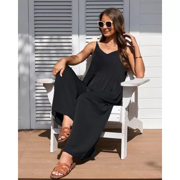 imageluvamia Wide Leg Jumpsuits for Women Sleeveless Baggy Casual Summer Flowy Loose Spaghetti Strap Jumpsuit with PocketsBlack