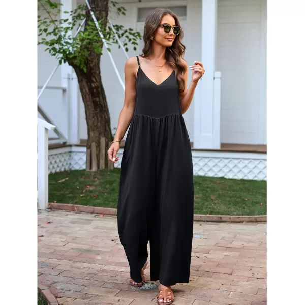 imageluvamia Wide Leg Jumpsuits for Women Sleeveless Baggy Casual Summer Flowy Loose Spaghetti Strap Jumpsuit with PocketsBlack