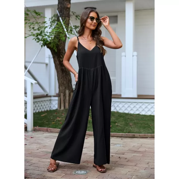 imageluvamia Wide Leg Jumpsuits for Women Sleeveless Baggy Casual Summer Flowy Loose Spaghetti Strap Jumpsuit with PocketsBlack