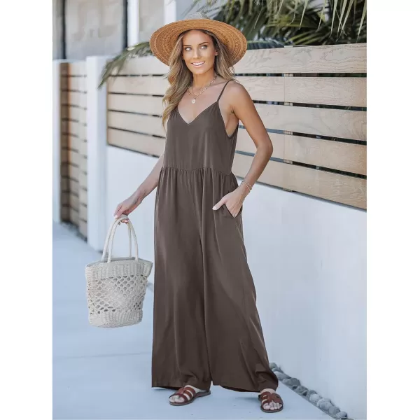 imageluvamia Wide Leg Jumpsuits for Women Sleeveless Baggy Casual Summer Flowy Loose Spaghetti Strap Jumpsuit with PocketsChocolate Brown