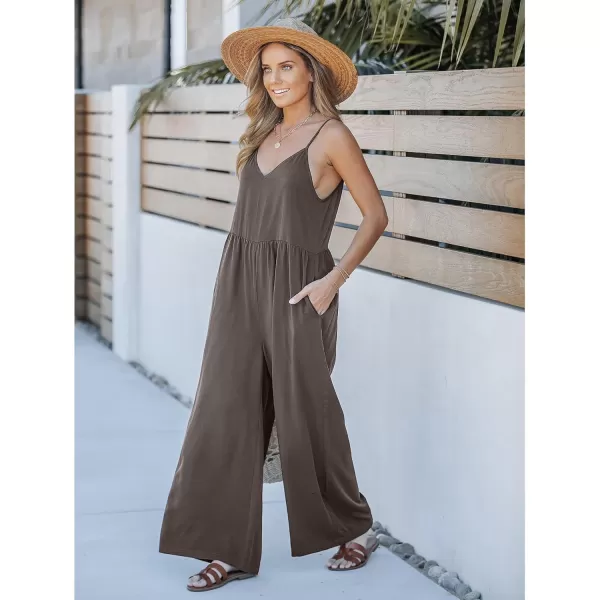 imageluvamia Wide Leg Jumpsuits for Women Sleeveless Baggy Casual Summer Flowy Loose Spaghetti Strap Jumpsuit with PocketsChocolate Brown