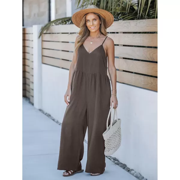 imageluvamia Wide Leg Jumpsuits for Women Sleeveless Baggy Casual Summer Flowy Loose Spaghetti Strap Jumpsuit with PocketsChocolate Brown