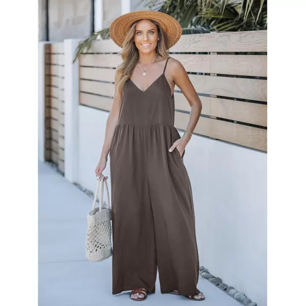 imageluvamia Wide Leg Jumpsuits for Women Sleeveless Baggy Casual Summer Flowy Loose Spaghetti Strap Jumpsuit with PocketsChocolate Brown