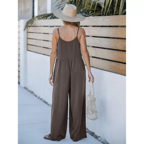 imageluvamia Wide Leg Jumpsuits for Women Sleeveless Baggy Casual Summer Flowy Loose Spaghetti Strap Jumpsuit with PocketsChocolate Brown