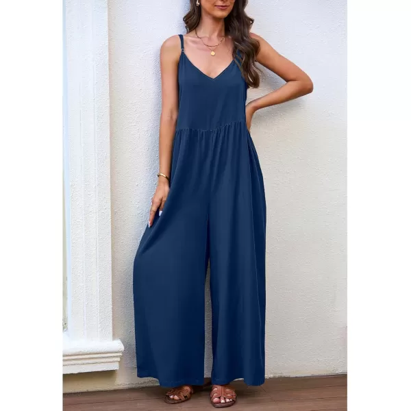 imageluvamia Wide Leg Jumpsuits for Women Sleeveless Baggy Casual Summer Flowy Loose Spaghetti Strap Jumpsuit with PocketsNavy Blue