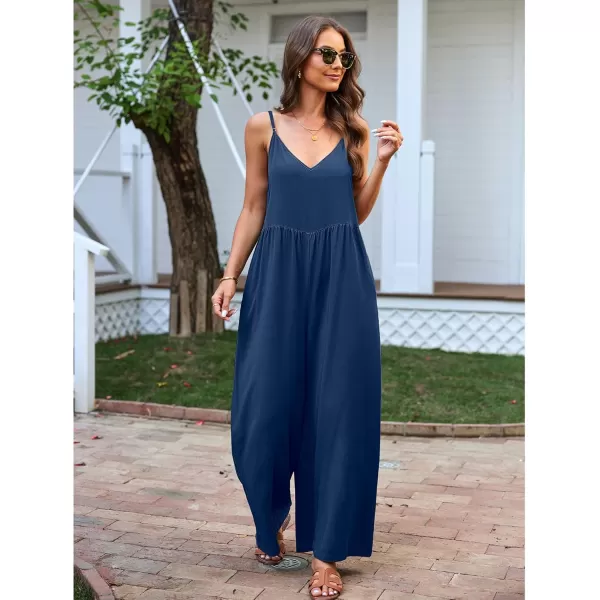 imageluvamia Wide Leg Jumpsuits for Women Sleeveless Baggy Casual Summer Flowy Loose Spaghetti Strap Jumpsuit with PocketsNavy Blue