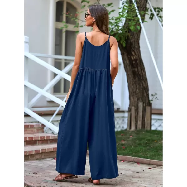 imageluvamia Wide Leg Jumpsuits for Women Sleeveless Baggy Casual Summer Flowy Loose Spaghetti Strap Jumpsuit with PocketsNavy Blue