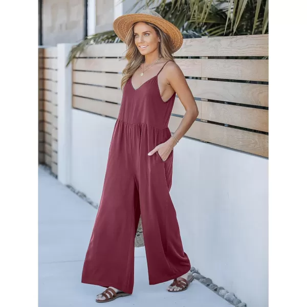 imageluvamia Wide Leg Jumpsuits for Women Sleeveless Baggy Casual Summer Flowy Loose Spaghetti Strap Jumpsuit with PocketsWine Red