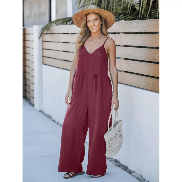 imageluvamia Wide Leg Jumpsuits for Women Sleeveless Baggy Casual Summer Flowy Loose Spaghetti Strap Jumpsuit with PocketsWine Red