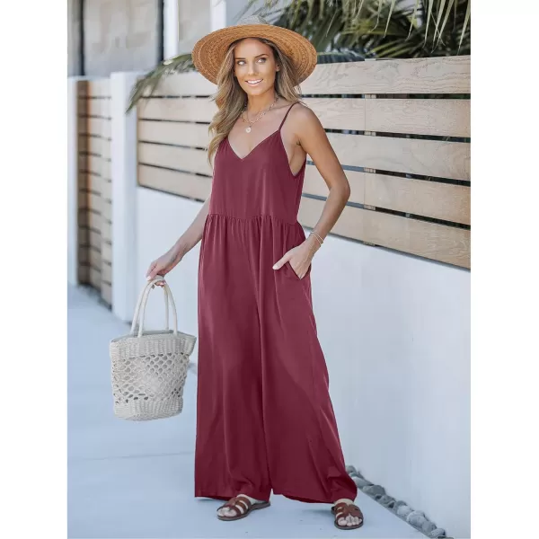 imageluvamia Wide Leg Jumpsuits for Women Sleeveless Baggy Casual Summer Flowy Loose Spaghetti Strap Jumpsuit with PocketsWine Red