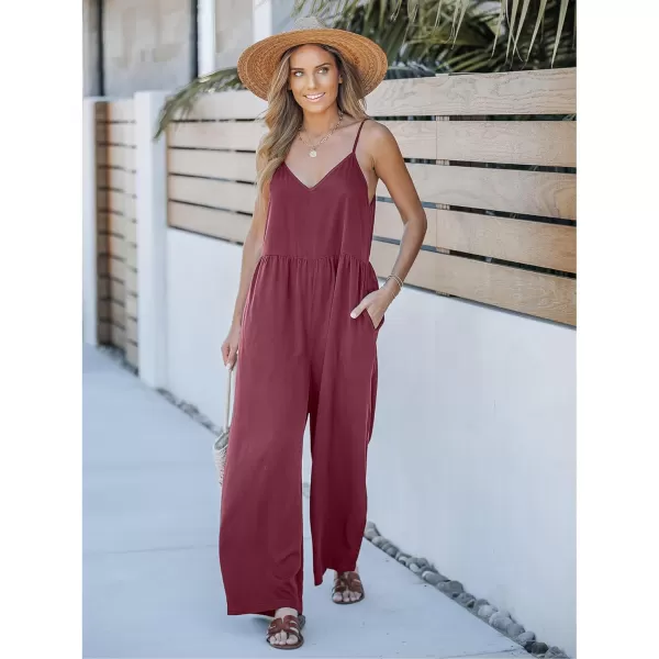 imageluvamia Wide Leg Jumpsuits for Women Sleeveless Baggy Casual Summer Flowy Loose Spaghetti Strap Jumpsuit with PocketsWine Red