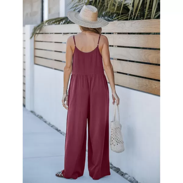 imageluvamia Wide Leg Jumpsuits for Women Sleeveless Baggy Casual Summer Flowy Loose Spaghetti Strap Jumpsuit with PocketsWine Red