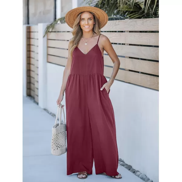 imageluvamia Wide Leg Jumpsuits for Women Sleeveless Baggy Casual Summer Flowy Loose Spaghetti Strap Jumpsuit with PocketsWine Red